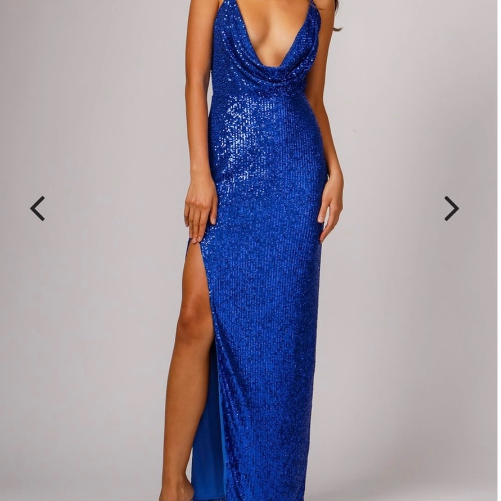 Jay Godfrey sequin blue dress with cowl neck detail.